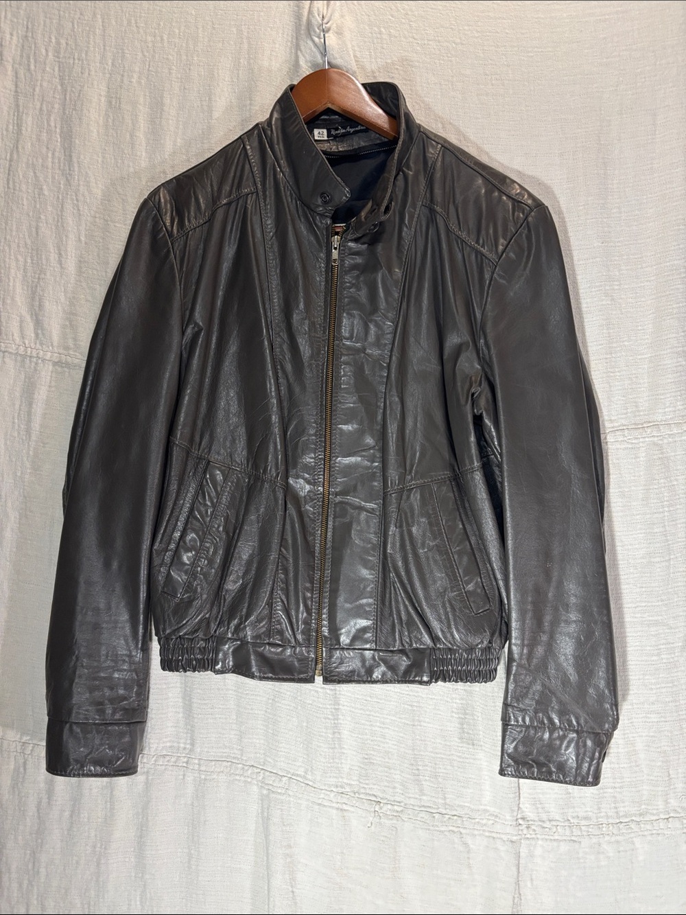 Vintage 80s Grey Leather Bomber Jacket Cafe Racer Moto 42 Reg Made in Argentina